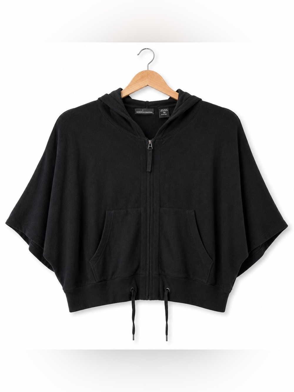 Moda International Black Zip-Up Hooded Poncho Sweater XS Batwing Streetwear